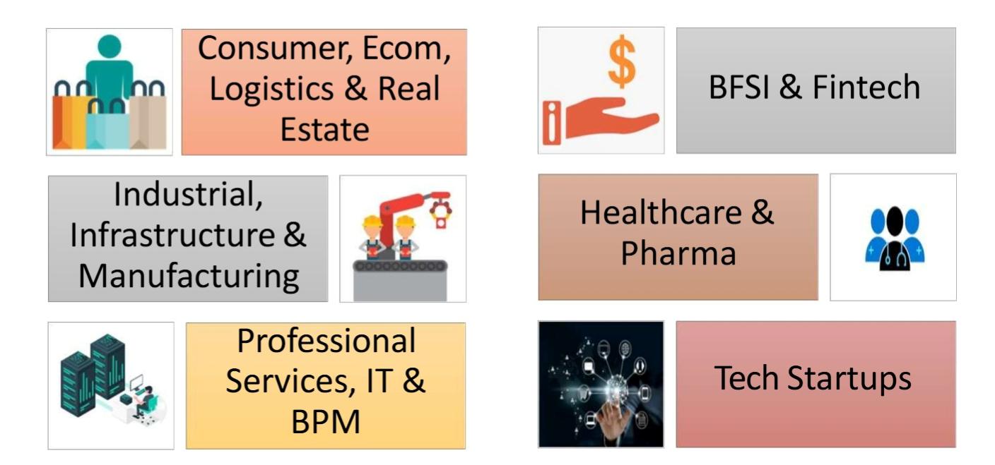 Industry exposure across consumer, industrial, BFSI, healthcare, professional services and tech startups